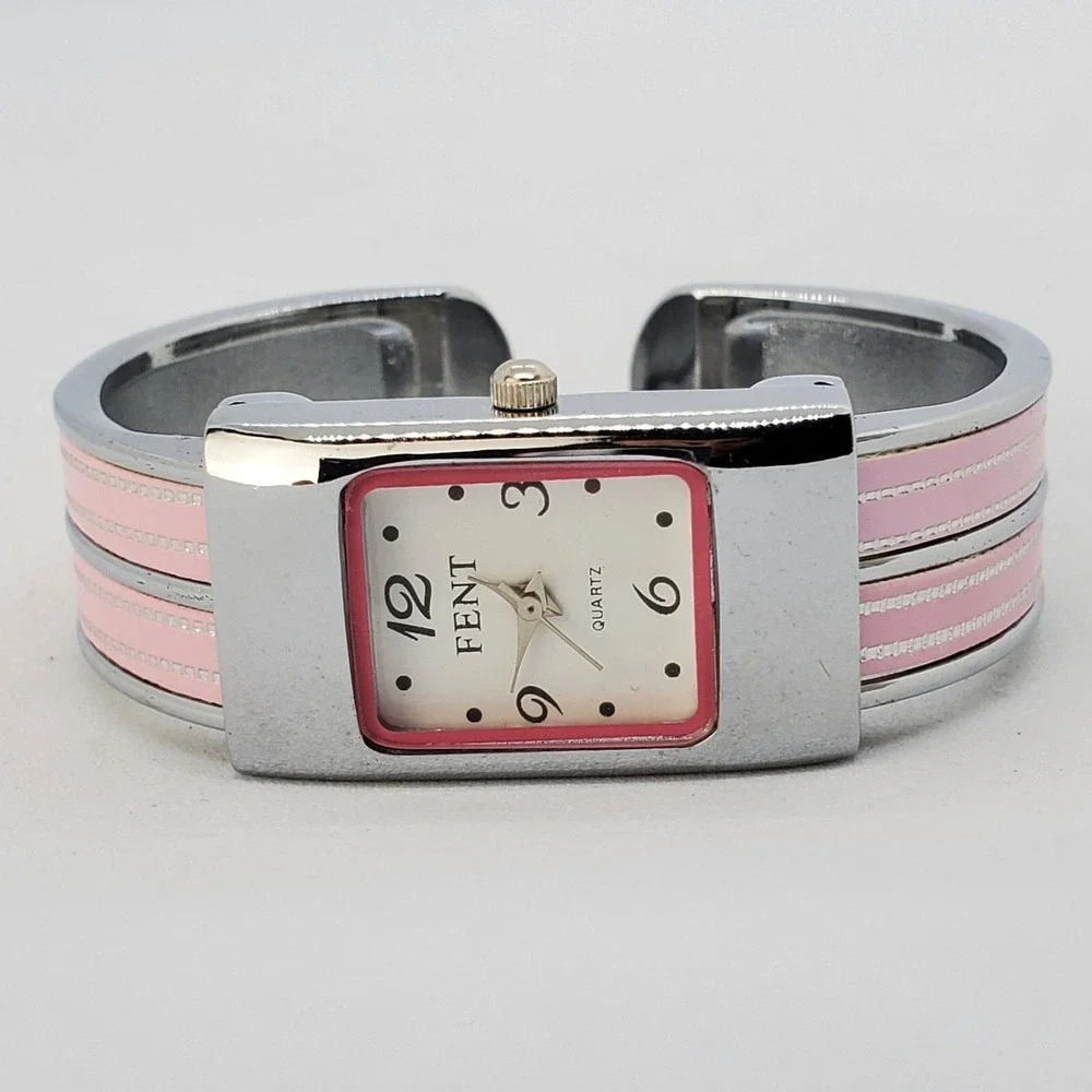 Women's Watch 20MM Open Cuff Bracelet Gray Pink Band White Dial New‎ Battery